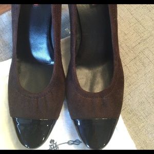 Prada Brown Suede & Black Patent Leather 3” Pumps